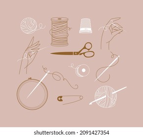 Sewing symbols thread, needle, scissors, pin, thimble, knitting, hand, spool, bobbin, tambour, crochet, hook in a classic sophisticated style peach color