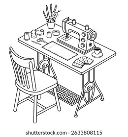 Sewing table illustration vector style coloring page