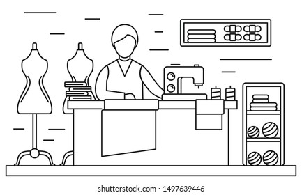 Sewing tailor banner. Outline illustration of sewing tailor vector banner for web design
