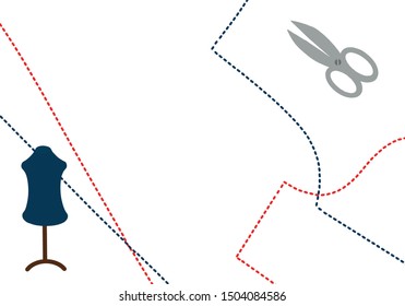 Sewing tailor business card or template with mannequin, pattern lines and scissors, place for text, vector illustration