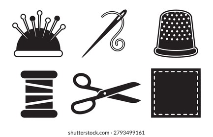 Sewing tailor tools line icons set vector illustration with needle thread scissors thimble cushion