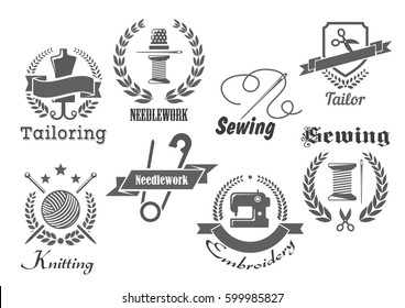 Sewing or tailor vector icons. Emblems for embroidery, tailoring or knitting needlework with sew thread in needle and thimble, scissors and wool clew, sewing machine and cloth ribbons with wreath