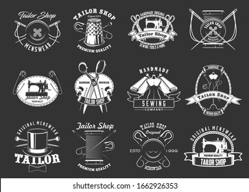 Sewing and tailor vector icons set. Monochrome sewing machine and scissors, thread and needles, button and thimble, fabrics and mannequin, pin and hairpin icons for handmade of fashion