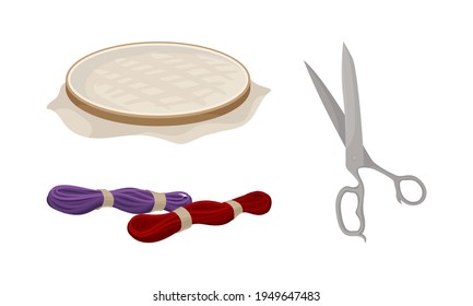Sewing and Tailoring Accessories with Hoop, Yarn and Scissors Vector Set