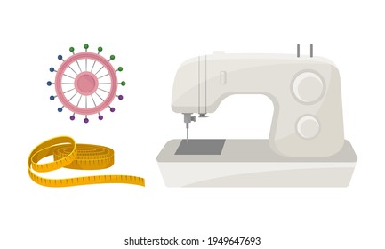 Sewing and Tailoring Accessories with Machine and Measuring Tape Vector Set