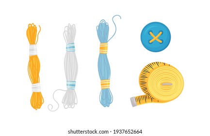 Sewing and Tailoring Accessories with Measuring Tape and Threads Vector Set