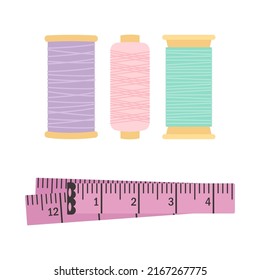 sewing and tailoring accessories with measuring tape and spool of thread, vector illustration, set of needlecraft