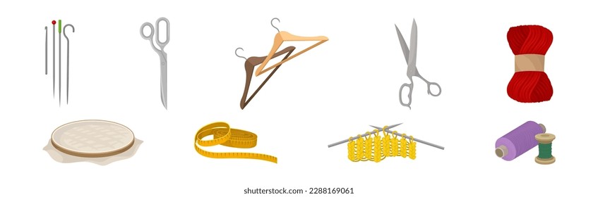 Sewing and Tailoring Accessories with Pair of Scissors, Needles, Hanger, Measuring Tape and Yarn Vector Set