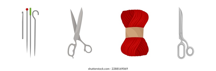 Sewing and Tailoring Accessories with Pair of Scissors, Needles and Yarn Vector Set