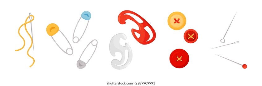 Sewing and Tailoring Accessories with Pin, Needle, Curve and Button Vector Set