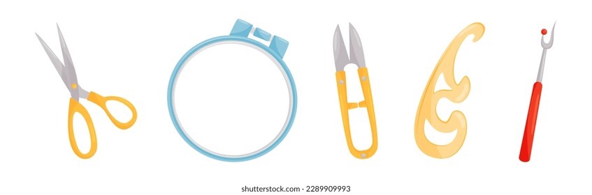 Sewing and Tailoring Accessories with Scissors, Unpicker, Tambour and Curve Vector Set