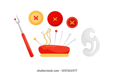 Sewing and Tailoring Accessories with Seam Ripper and Cushion with Pins Vector Set