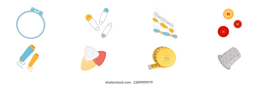Accesorios de costura y sastrería con Tambour, Pin, Yarn, Botones, Juego de vectores de cinta delgado y medidor