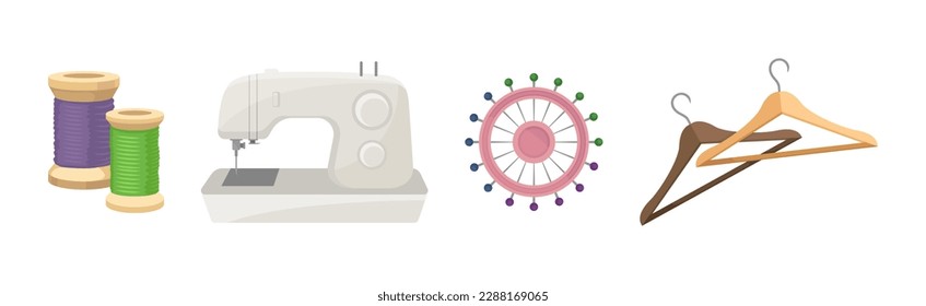 Sewing and Tailoring Accessories with Thread Bobbin, Sewing Machine, Pins and Hanger Vector Set