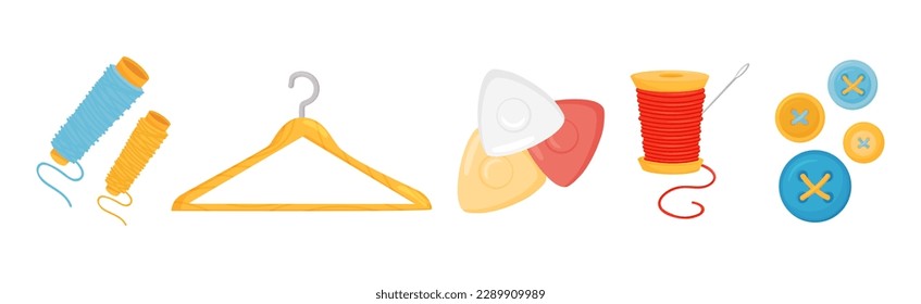 Accesorios de costura y sastrería con Bobbin de hilo, colgador de ropa, botón y conjunto de vectores de talk