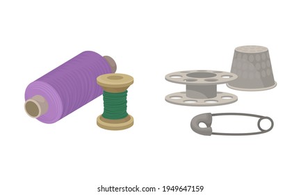 Sewing and Tailoring Accessories with Threads and Thimble Vector Set