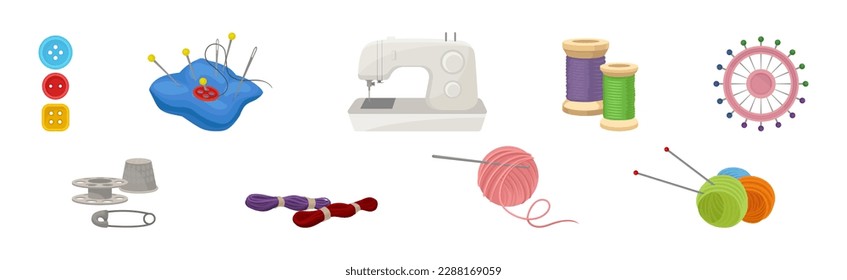 Sewing and Tailoring Accessories with Yarn, Button, Machine, Pin Cushion, Thimble and Thread Bobbin Vector Set