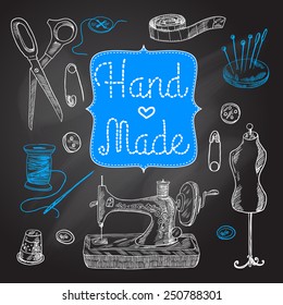 Sewing  and tailoring chalkboard set with machine scissors button vector illustration