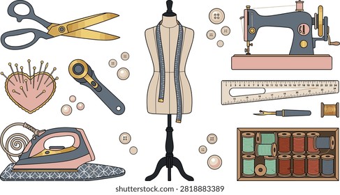 Sewing and Tailoring Craft Tool Icon Set with Mannequin Sewing Machine Scissors Rotary Cutter Iron Spools Thread and Pincushion Vector Illustrations.eps