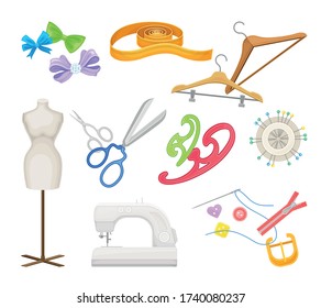 Sewing and Tailoring Equipment with Sewing Machine and Scissors Vector Set