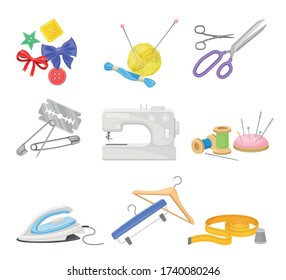 Sewing and Tailoring Equipment with Sewing Machine and Scissors Vector Set