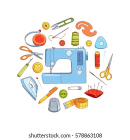 Sewing and tailoring equipment, Sewing machine,needle, measuring and cutting tools, vector round concept