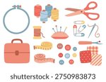 Sewing and Tailoring Equipment Set, Handmade Crafting Vector Icons, DIY Needlework Clipart Collection