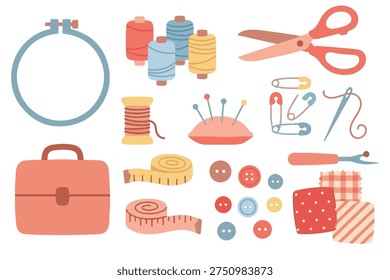Sewing and Tailoring Equipment Set, Handmade Crafting Vector Icons, DIY Needlework Clipart Collection
