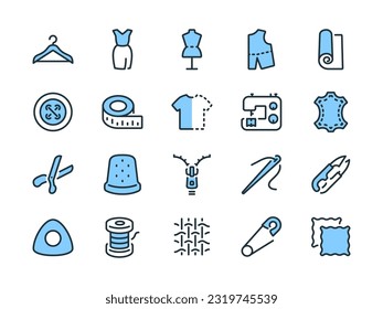 Sewing, tailoring, and fashion design related pixel perfect blue style outline icons set vector illustration.