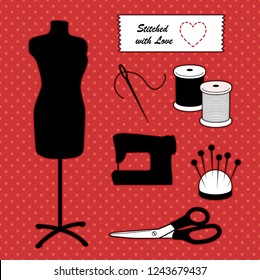 Sewing and tailoring, fashion model mannequin, do it yourself tools, sewing machine, Stitched with Love ... sewing label, needle, thread, pins, pincushion, scissors, polka dots on red background.