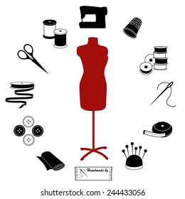 Sewing, Tailoring Icons for DIY fashion. Mannequin model, needle, thread, scissors, ribbon, buttons, bobbins, tape measure, thimble, sewing machine, label with copy space, pincushion. EPS8 compatible.