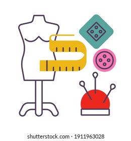 Iconos de costura y confección, ilustración de vector de trabajo de agujas diseño de estilo plano aislado en blanco. Gráficos coloridos