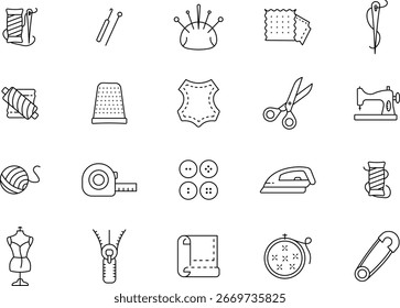 Ícones de costura e alfaiataria - Threads, agulhas, tecido e ferramentas artesanais.
