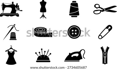 Sewing and tailoring icons vector set in black silhouette style, including sewing machine, mannequin dress form, thread spool, scissors, needle and thimble, measuring tape, button, safety pin, dress on hanger, pincushion, iron and zipper, ideal for fashion design, DIY crafts, logos and packaging.