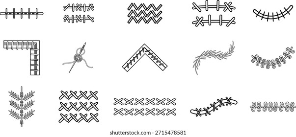 Conjunto de iconos de línea de costura y confección: Ilustración vectorial de máquina de coser, tijeras, hilo, aguja, cinta métrica e iconos de tela para diseño de moda y artesanías hechas a mano