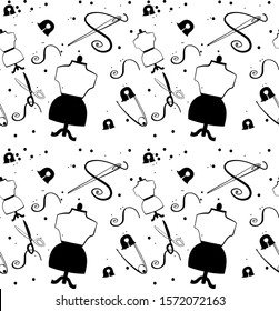 Sewing, Tailoring, Needlework Icons: needle, thread, machine, buttons, thimble, pincushion, scissors.Textile arts and crafts. 