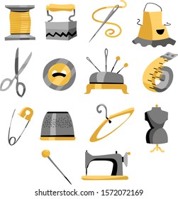 Sewing, Tailoring, Needlework Icons: needle, thread, machine, buttons, thimble, pincushion, scissors.Textile arts and crafts. 