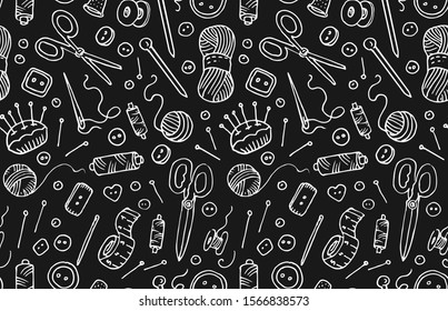 Sewing, tailoring, needlework seamless pattern, hand drawn Doodle vector print. Set of sewing supplies, blackboard background. Tools for tailoring, needlework and clothing repair. 