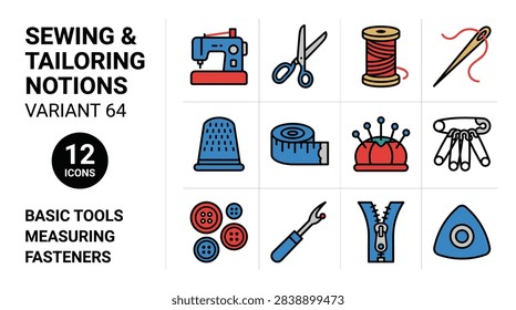Sewing and Tailoring Notions Basic Tools Measuring Fasteners Icon Set