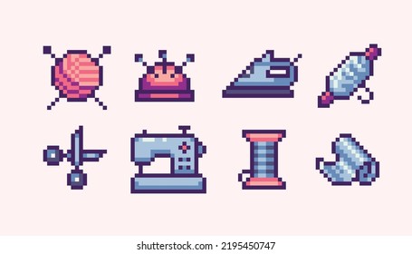 Sewing, tailoring pixel art set. Dressmaking and knitting collection. 8 bit sprite. Game development, mobile app. Isolated vector illustration. 