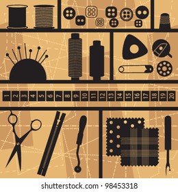 Sewing and tailoring related symbols on beige background