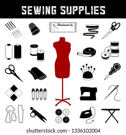 Sewing and tailoring supplies and tools, icons for do it yourself sewing, tailoring, dressmaking, needlework, darning, arts and crafts.