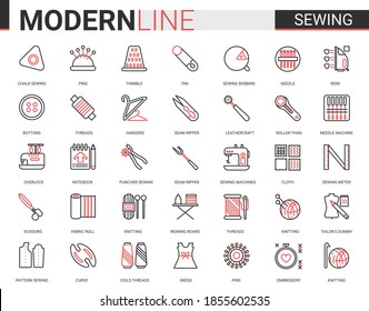 Sewing tailoring thin red black line icon vector illustration set. Outline tailor needlework app symbols, equipment and items collection for embroidery knitting or sewing clothes work editable stroke