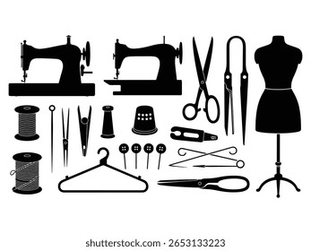 Sewing and Tailoring Tools Icon Set ,Black Silhouette Vector of Dressmaking Equipment.