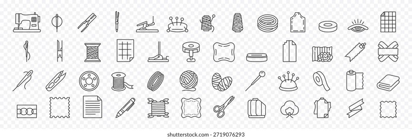 Conjunto de iconos de línea de herramientas de costura y confección: símbolos de contorno editables de máquina de coser, aguja, hilo, tijeras, hilo y tela