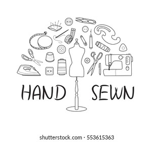 Sewing and tailoring tools, Sewing machine, needles, mannequin or dummy, Black outline vector half round concept, Hand sewn