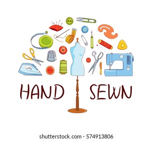 Sewing and tailoring tools, Sewing machine, needles, mannequin or dummy, vector half round concept, Hand sewn