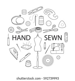 Sewing and tailoring tools, Sewing machine, pins, tapes and mannequin or dummy, Black outline vector round concept, Hand sewn