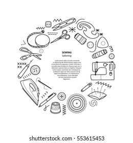 Sewing and tailoring tools, Sewing machine, stitches, thread, Line vector round frame, border, Place for your text