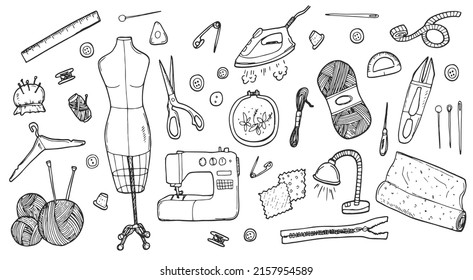 Sewing and tailoring tools, Sewing mannequin, machine, measuring and cutting supplies, Black outline vector drawing